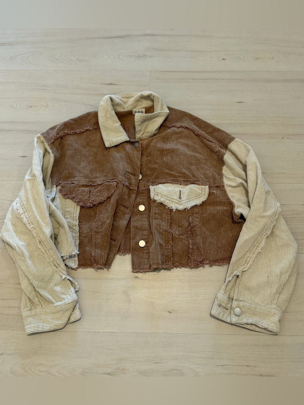 POL Two-Tone Corduroy Cropped Jacket in Brown & Cream